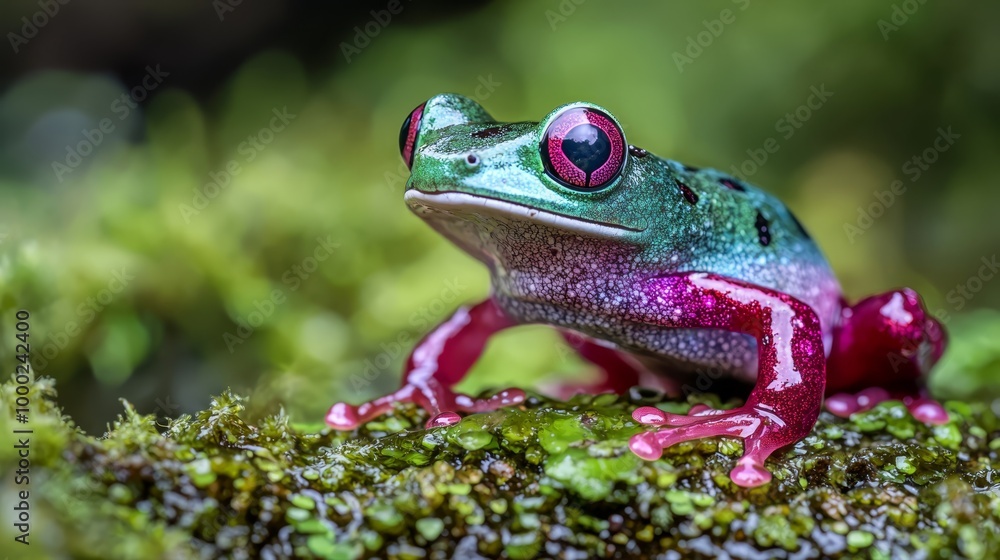 A green frog rests on a moss-covered branch, sporting a pink eye Surrounding it are mossy branches with green leaves in the backdrop A green frog rests on a moss-covered branch, sporting a pink eye Surrounding it are mossy branches with green leaves in the backdrop