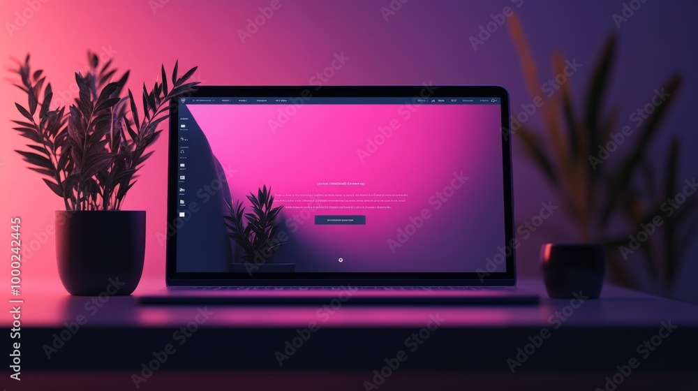 Modern Workspace with Laptop in Pink and Purple Lighting Modern Workspace with Laptop in Pink and Purple Lighting