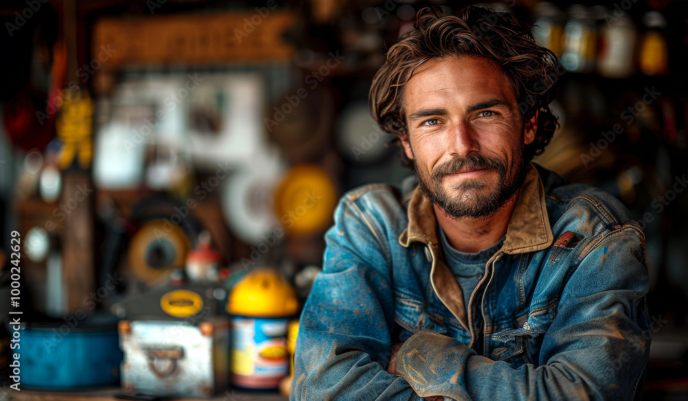 A man with a beard and a blue jacket is posing for a picture. He is surrounded by various items, including a yellow bucket and a red and black toolbox. The scene has a casual and relaxed vibe A man with a beard and a blue jacket is posing for a picture. He is surrounded by various items, including a yellow bucket and a red and black toolbox. The scene has a casual and relaxed vibe