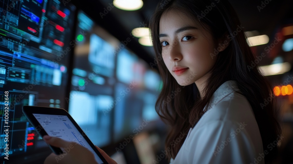 Woman Using Tablet in Data Center Woman Using Tablet in Data Center