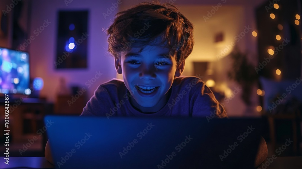 Boy Enjoying Laptop Screen in a Cozy Living Room at Night Boy Enjoying Laptop Screen in a Cozy Living Room at Night