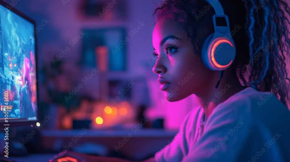 Woman Gamer Focused on Screen with Headphones Woman Gamer Focused on Screen with Headphones