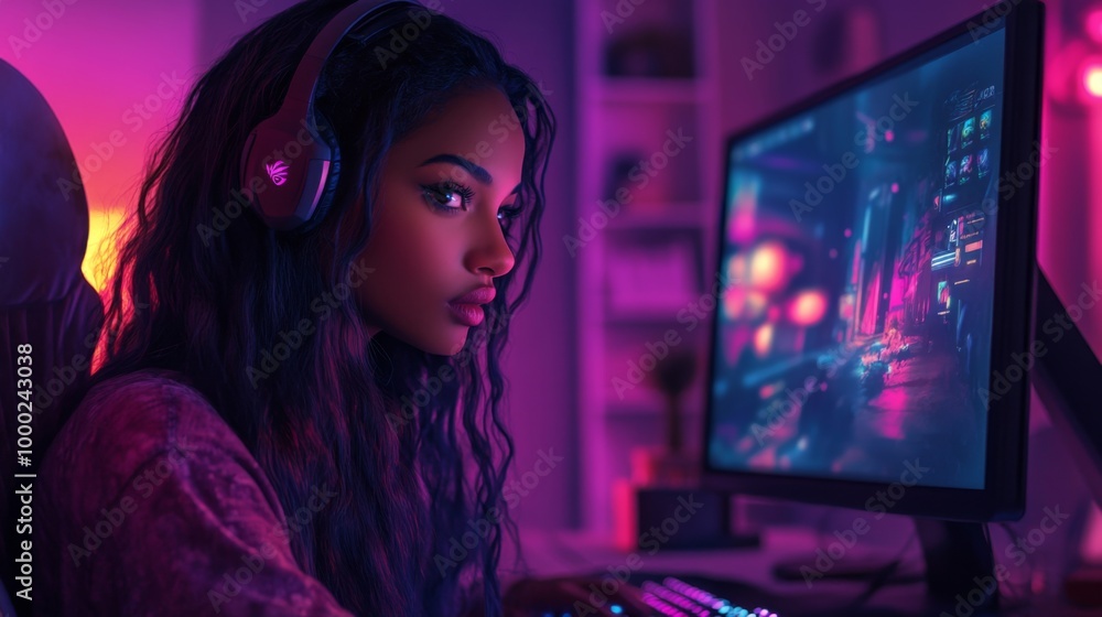 Gamer Girl Immersed in Action-Packed Video Game Gamer Girl Immersed in Action-Packed Video Game