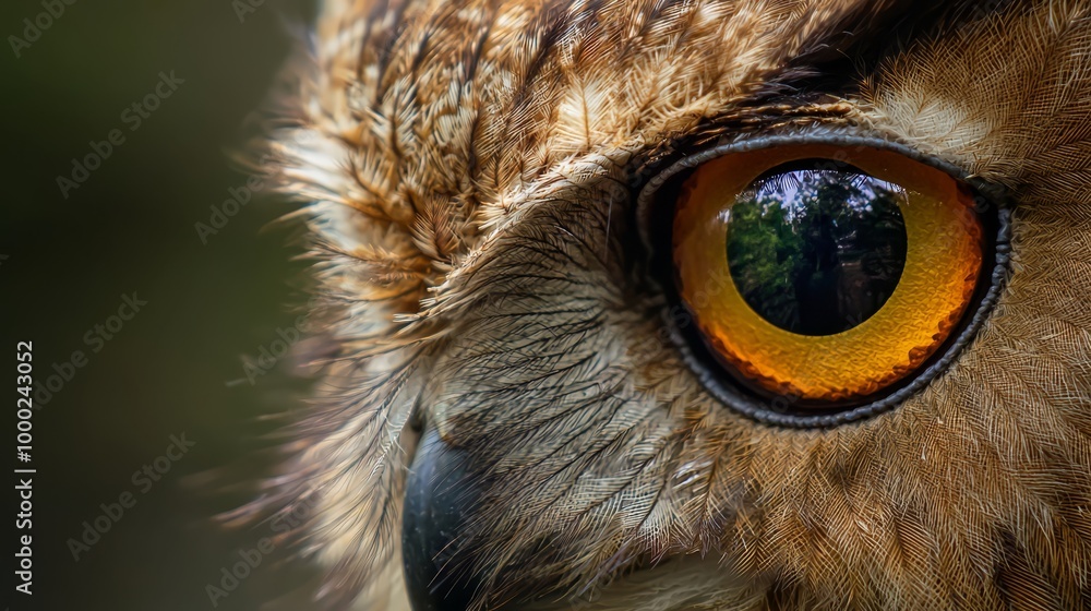 A tight shot of an owl's reflective eye, displaying a tree image within its lens A tight shot of an owl's reflective eye, displaying a tree image within its lens