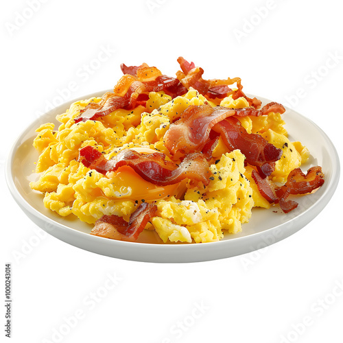 Delicious scrambled eggs with crispy bacon on a plate, great for a satisfying breakfast or brunch, set against a clear background photo