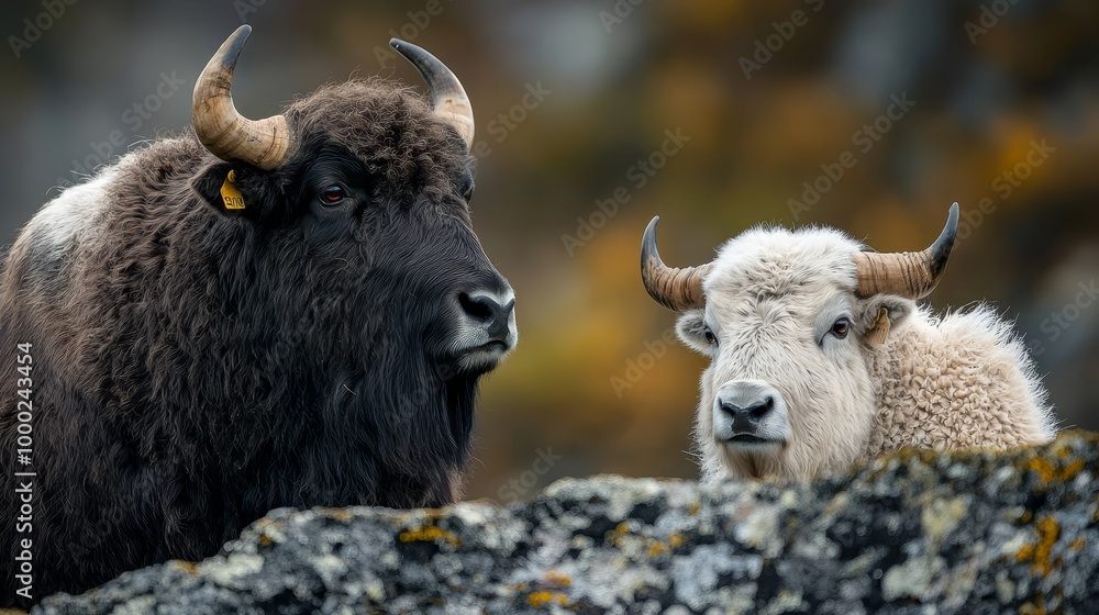 Two bison face toward one another atop a verdant field Backdrop comprises yellow and orange trees Two bison face toward one another atop a verdant field Backdrop comprises yellow and orange trees