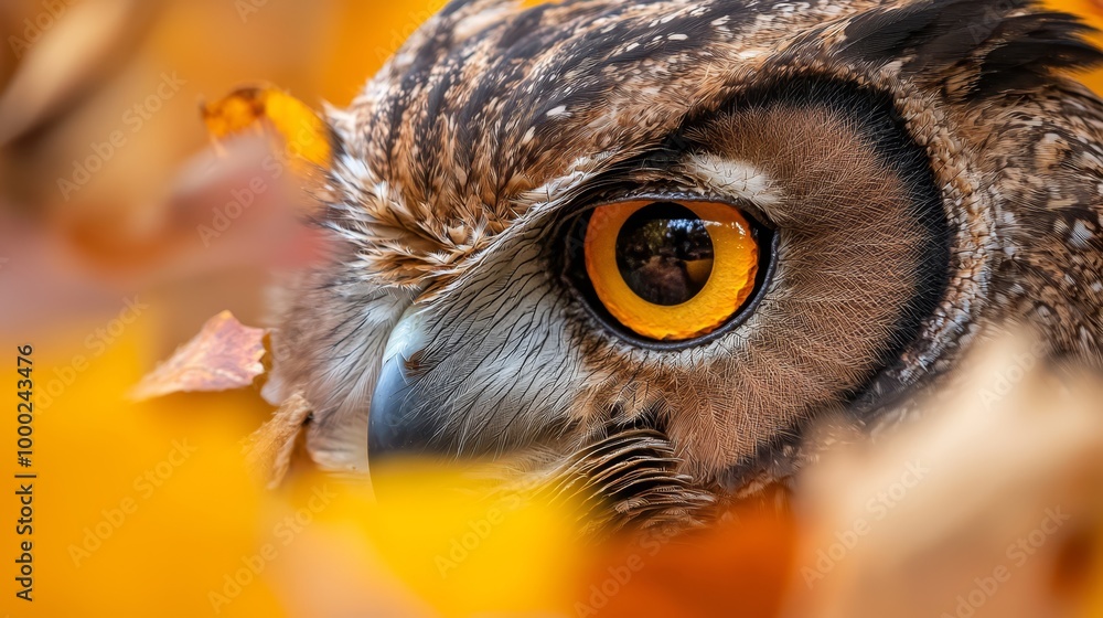 A tight shot of an owl's intense, golden-orange eyes against a backdrop of autumnal leaves - yellow and brown - scattered on the forest floor A tight shot of an owl's intense, golden-orange eyes against a backdrop of autumnal leaves - yellow and brown - scattered on the forest floor