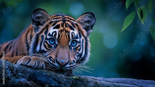  A tight shot of a tiger perched on a tree branch, backdrop softly blurred, tree branch prominent in front photo