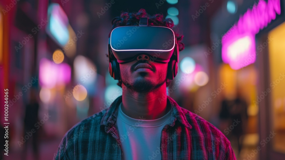 Man using VR headset in a neon-lit city street at night Man using VR headset in a neon-lit city street at night