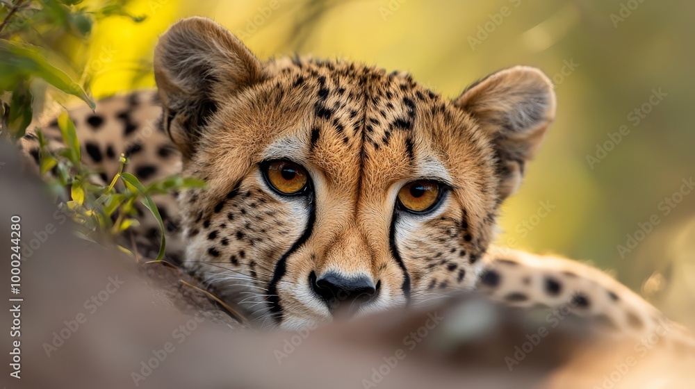 A tight shot of a cheetah's expressive face, framed by a bush in the foreground, and trees stretching out in the background A tight shot of a cheetah's expressive face, framed by a bush in the foreground, and trees stretching out in the background