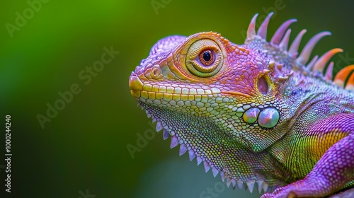  A tight shot of an iguana perched on a branch against a softly blurred backdrop of green foliage