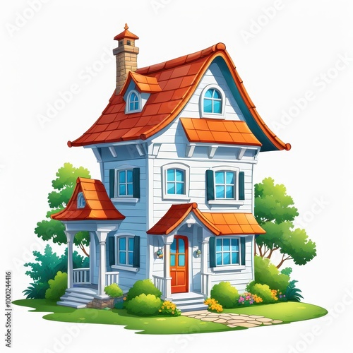 Wallpaper Mural A charming, colorful house with a sloped roof and surrounded by greenery and flowers. Torontodigital.ca