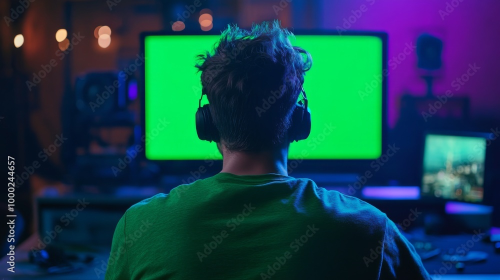 Gaming Enthusiast in Neon-Lit Room Gaming Enthusiast in Neon-Lit Room