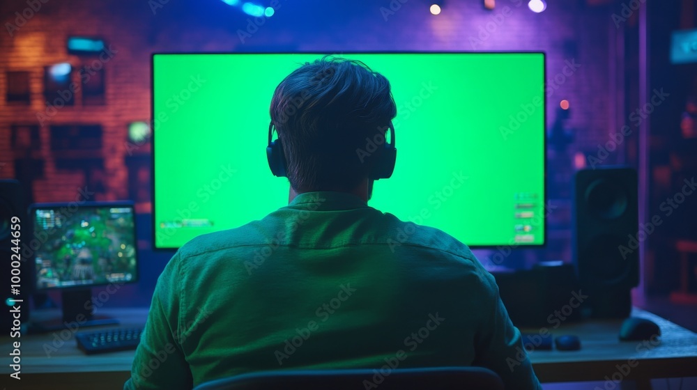 Gamer playing video game with green screen on monitor Gamer playing video game with green screen on monitor