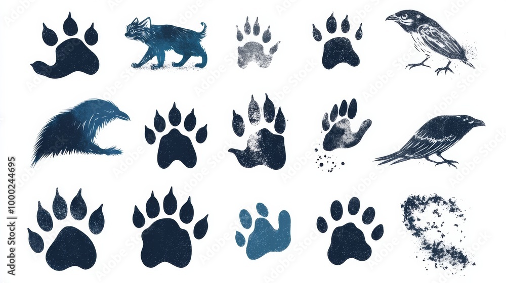 Naklejka premium Animal Tracks and Silhouettes Illustration