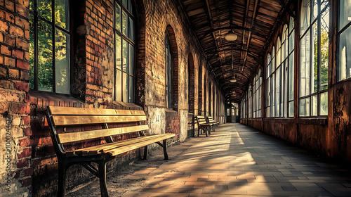 A high-definition, analog-style photograph of a rustic train station photo