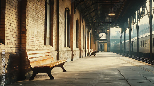 A high-definition, analog-style photograph of a rustic train station photo