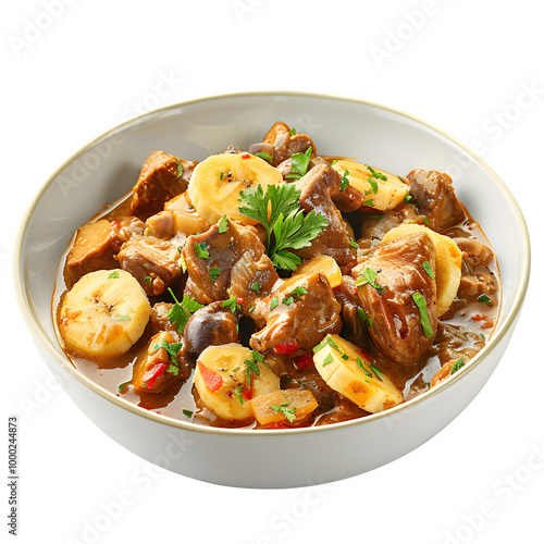 Delicious caribbean stew with juicy meat, ripe plantains, and fresh herbs, presented in a white bowl, highlighting a tasty and satisfying meal