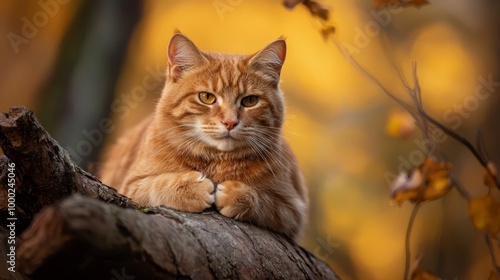  A tight shot of a cat perched on a tree branch, surrounded by distinct leaves in the foreground, while the background softly blurs