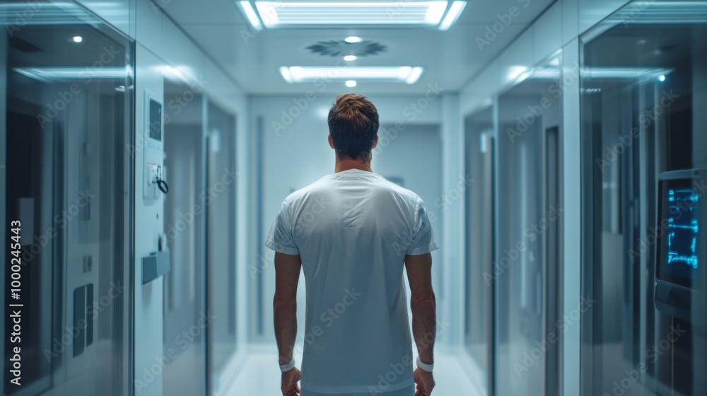 Man Walking Alone in Clinical Hallway Man Walking Alone in Clinical Hallway