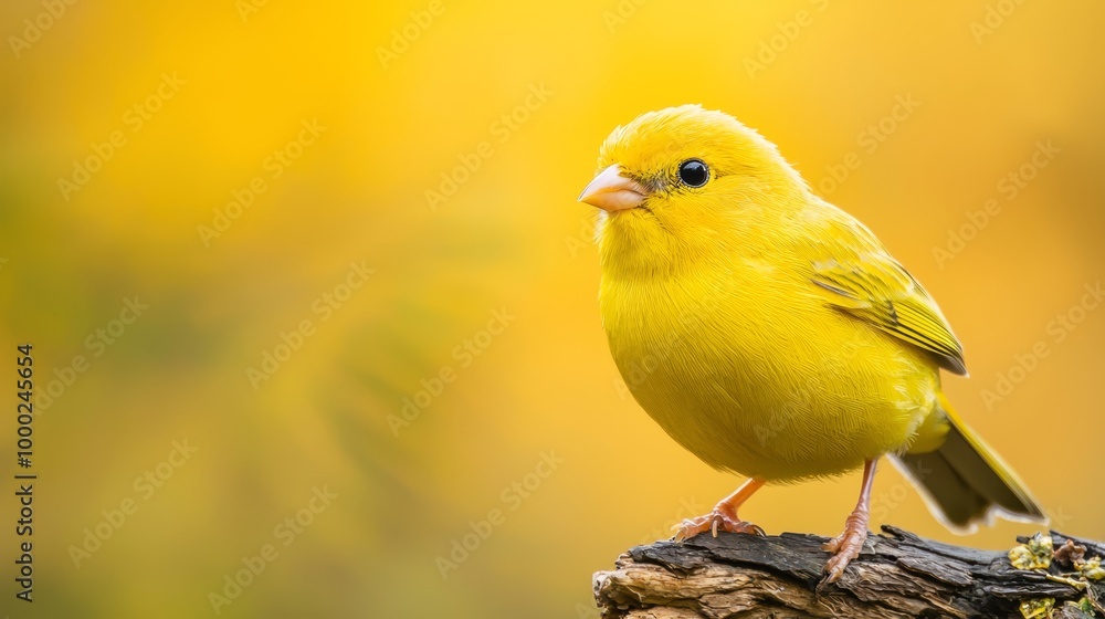A small yellow bird sits atop a tree branch against a blurred backdrop of yellow and green A small yellow bird sits atop a tree branch against a blurred backdrop of yellow and green