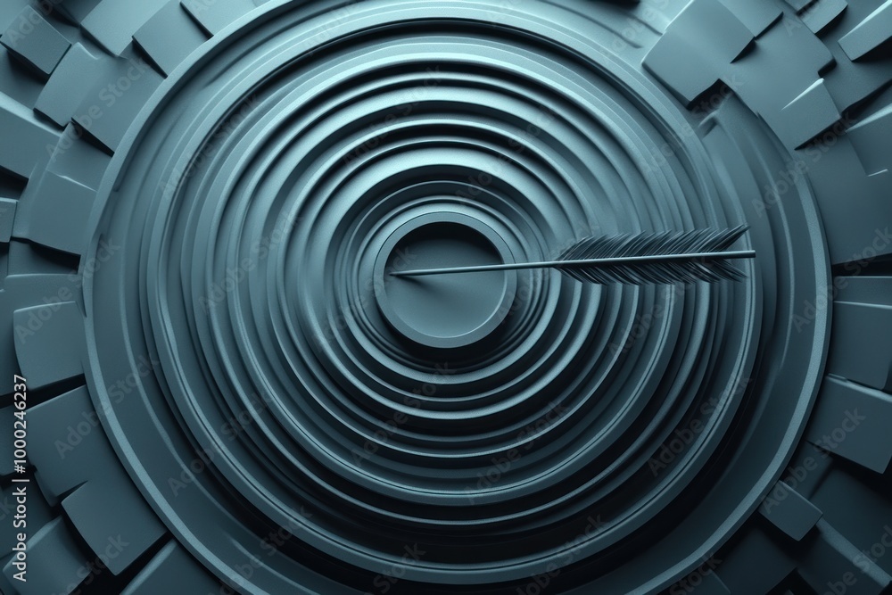 Obraz premium A Black Feather Arrow in the Center of a Blue Circular Target