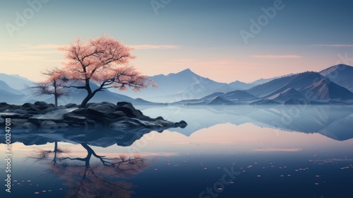 Tranquil Reflections in a Misty Mountain Landscape