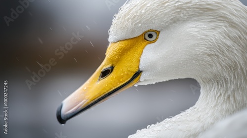 beak yellow, neck adorned with black-and-white stripes photo