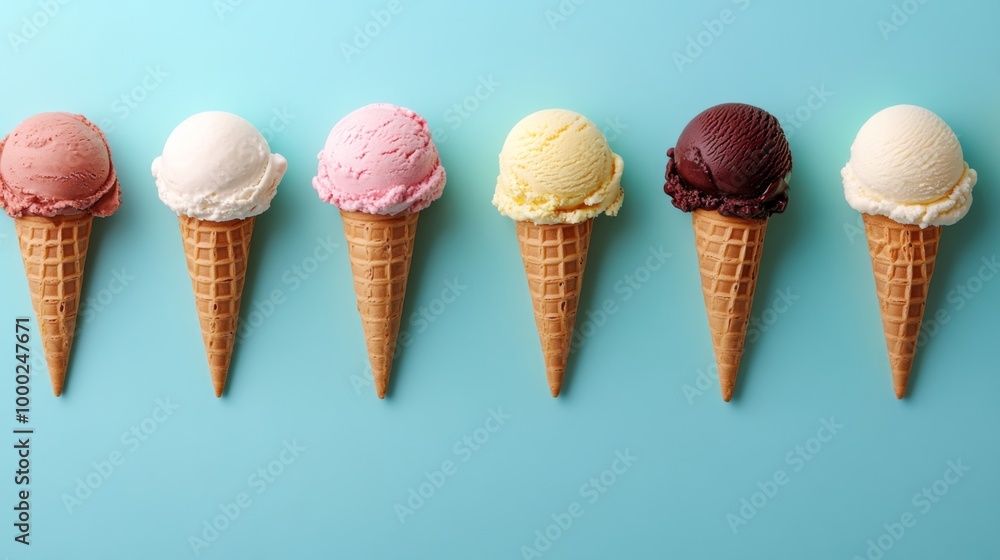Variety of Ice Cream Cones on Blue Background Variety of Ice Cream Cones on Blue Background