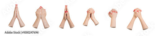 Intertwined entwined fingers and praying palms together, hand gestures, signs set, isolated on white background