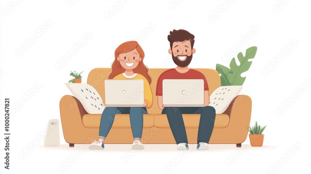 Couple Using Laptops on Sofa Couple Using Laptops on Sofa