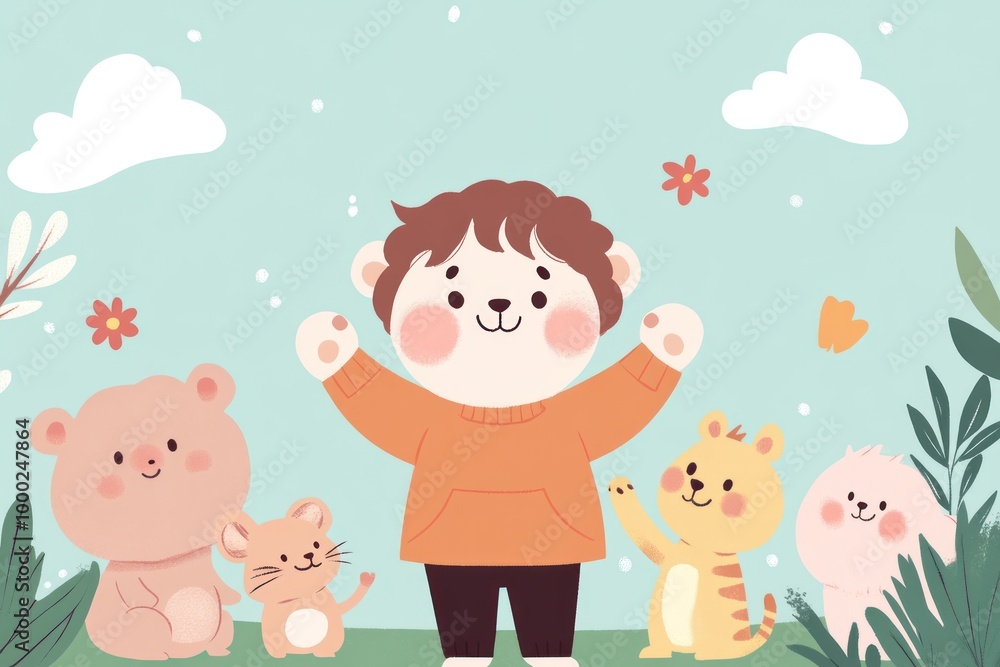 A Friendly Bear Character Surrounded by Other Cute Animals A Friendly Bear Character Surrounded by Other Cute Animals