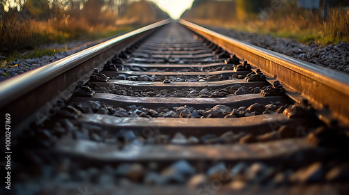 A high-definition, ultra-close-up photograph of train tracks stretching into the distance, with lifelike textures of gravel, wood