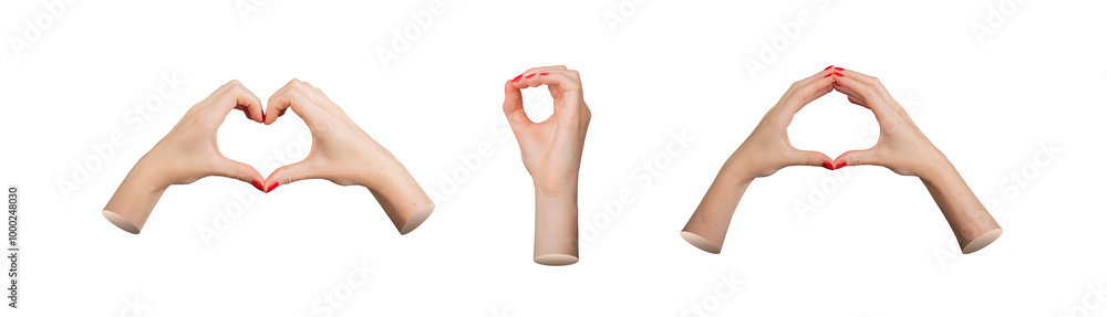 Two hands shaping round, heart, zero, finger signs and gestures isolated on white background Two hands shaping round, heart, zero, finger signs and gestures isolated on white background