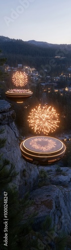 Futuristic flying saucers emit colorful fireworks, illuminating the night sky over a scenic landscape. photo