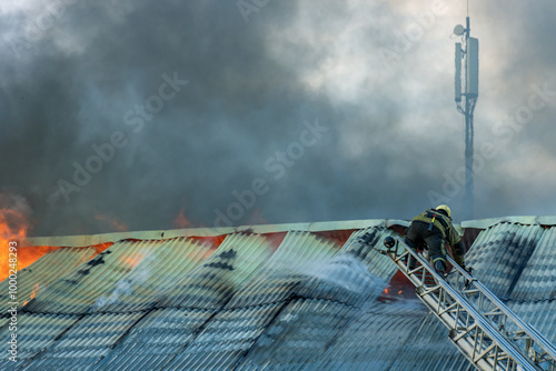 Картината върху платно A firefighter is on a ladder, trying to put out a fire on a roof