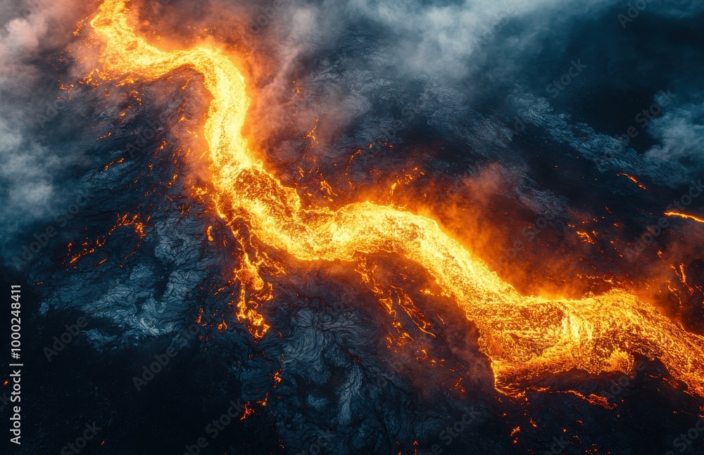 Aerial view of bright orange lava flow from an erupting volcano in Iceland at night Aerial view of bright orange lava flow from an erupting volcano in Iceland at night