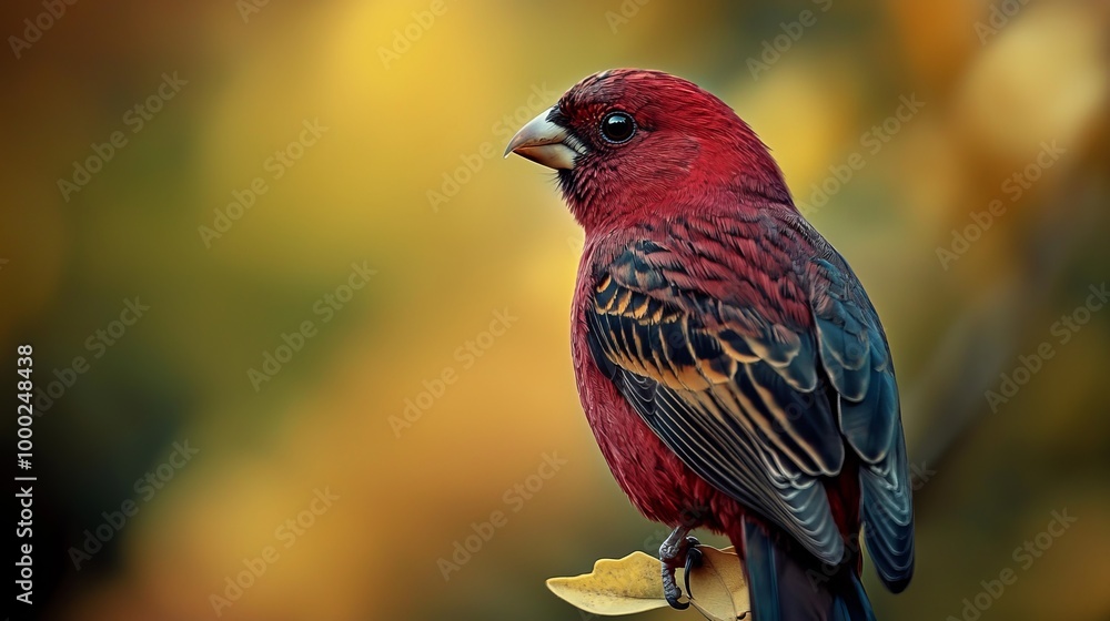 A red-and-black bird atop a yellow, green branch against a blurred backdrop A red-and-black bird atop a yellow, green branch against a blurred backdrop