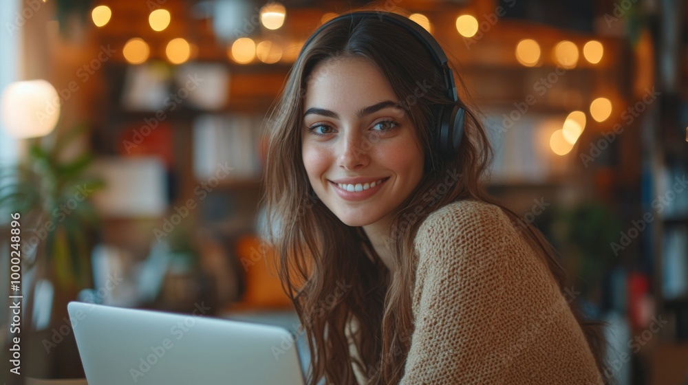 Woman Wearing Headphones Working on Laptop in Cozy Ambient Lighting Woman Wearing Headphones Working on Laptop in Cozy Ambient Lighting