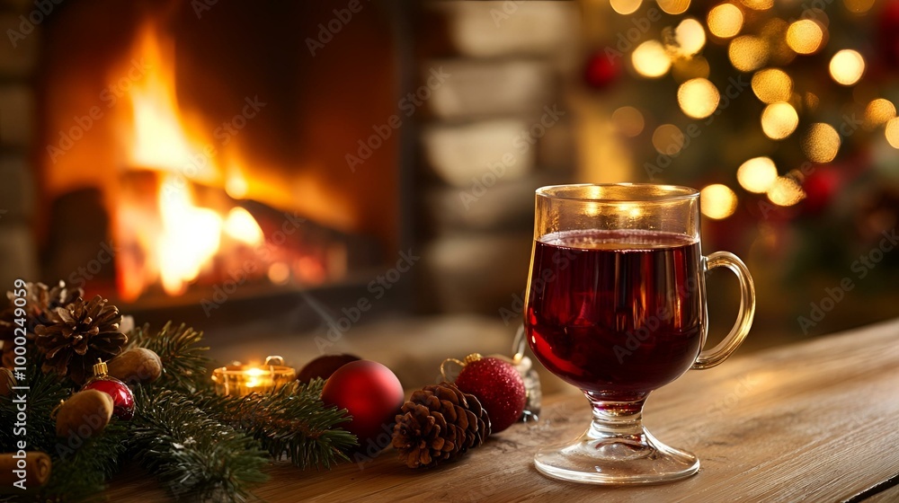 Cozy Winter Evening with Homemade Mulled Wine by Fireplace, Festive Christmas Holiday Drink with Citrus and Spices, Warm Seasonal Beverage in Glass Mug on Wooden Table. Cozy Winter Evening with Homemade Mulled Wine by Fireplace, Festive Christmas Holiday Drink with Citrus and Spices, Warm Seasonal Beverage in Glass Mug on Wooden Table.