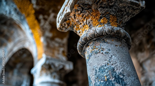  A tight shot of a weathered metal pole, its top coated in yellow paint splatters photo