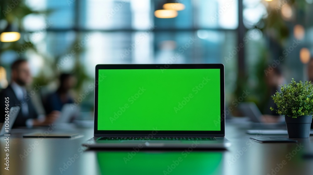 Laptop with Green Screen in Modern Office Laptop with Green Screen in Modern Office