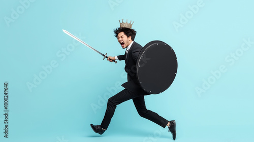 A businessman wearing a crown, holding a sword and shield, acting fierce, solemn, and brave like a warrior going to war. The idea is to dedicate oneself to overcome obstacles for success in business.