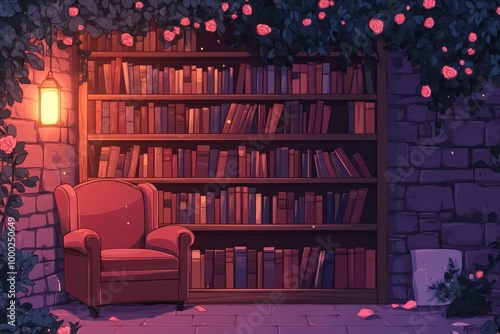 A Cozy Reading Nook with Bookshelves, a Chair, and Roses
