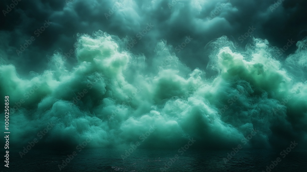Abstract green clouds and mist rising from the ocean, creating a surreal, ethereal atmosphere over water Abstract green clouds and mist rising from the ocean, creating a surreal, ethereal atmosphere over water