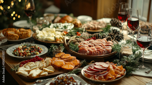 Holiday feast with varied dishes and drinks