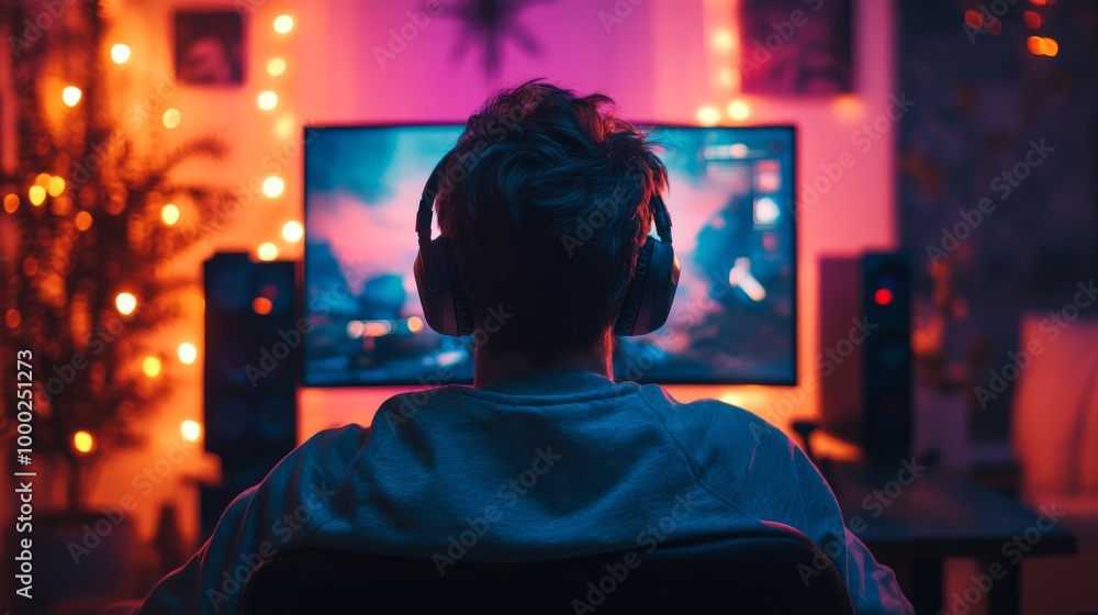 Gamer Immersed in Colorful Setup Gamer Immersed in Colorful Setup