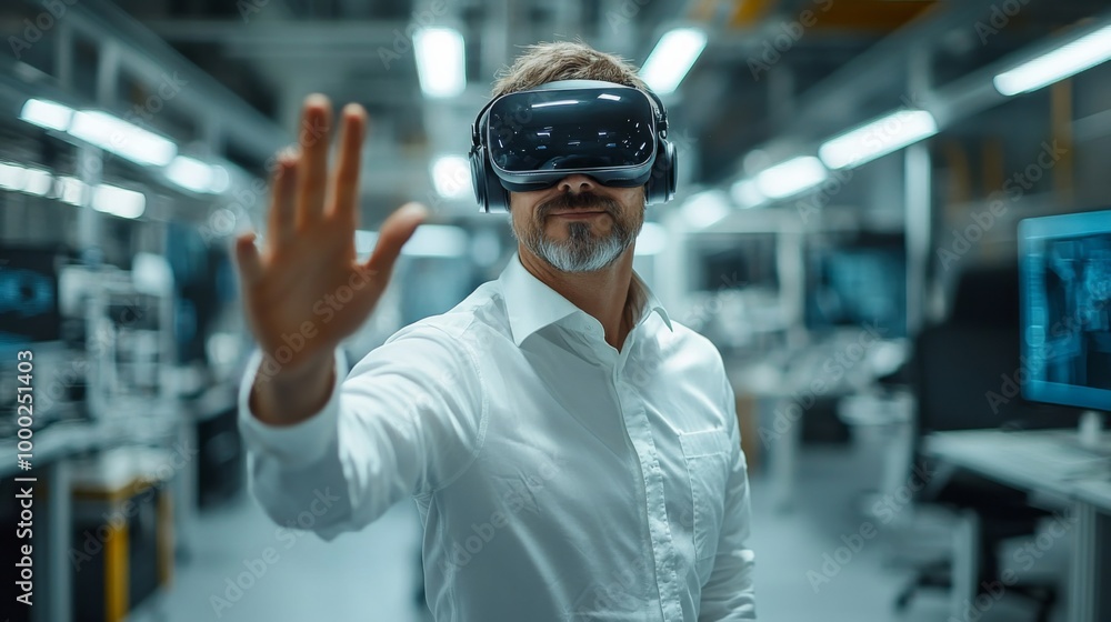 Man using virtual reality headset in modern lab Man using virtual reality headset in modern lab