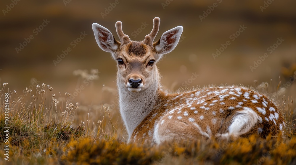A tight shot of a deer reclining in a flower-specked meadow, background softly blurred A tight shot of a deer reclining in a flower-specked meadow, background softly blurred