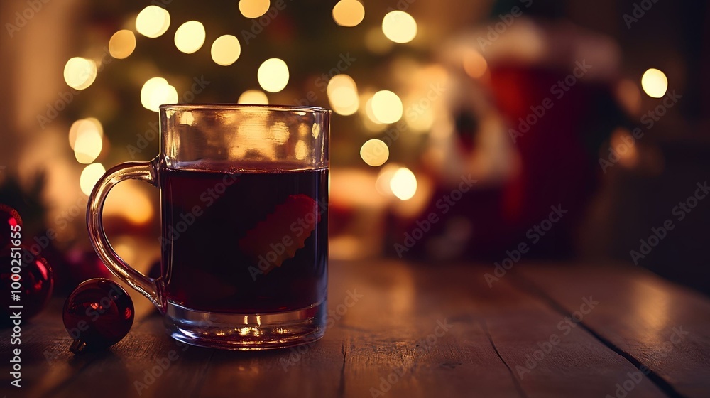 Cozy Winter Evening with Warm Mulled Wine on Rustic Wooden Table Against Festive Lights Background. Cozy Winter Evening with Warm Mulled Wine on Rustic Wooden Table Against Festive Lights Background.